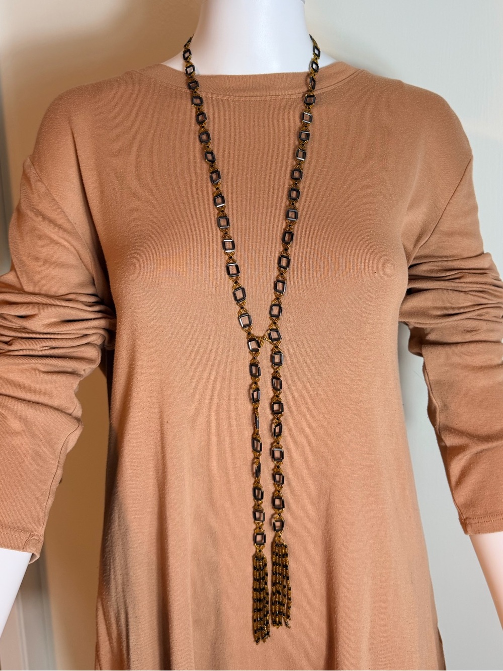 Vintage Black Square Gold Tone Beaded Tassel Necklace